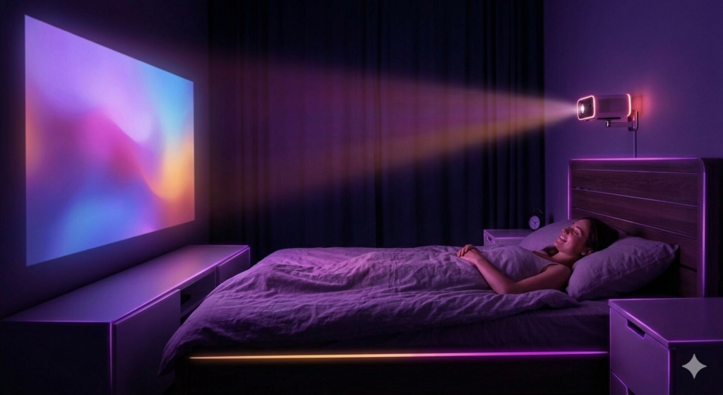 Mysigt modernt sovrum med takmonterad miniprojektor som skapar en harmonisk stjärnhimmel på väggen