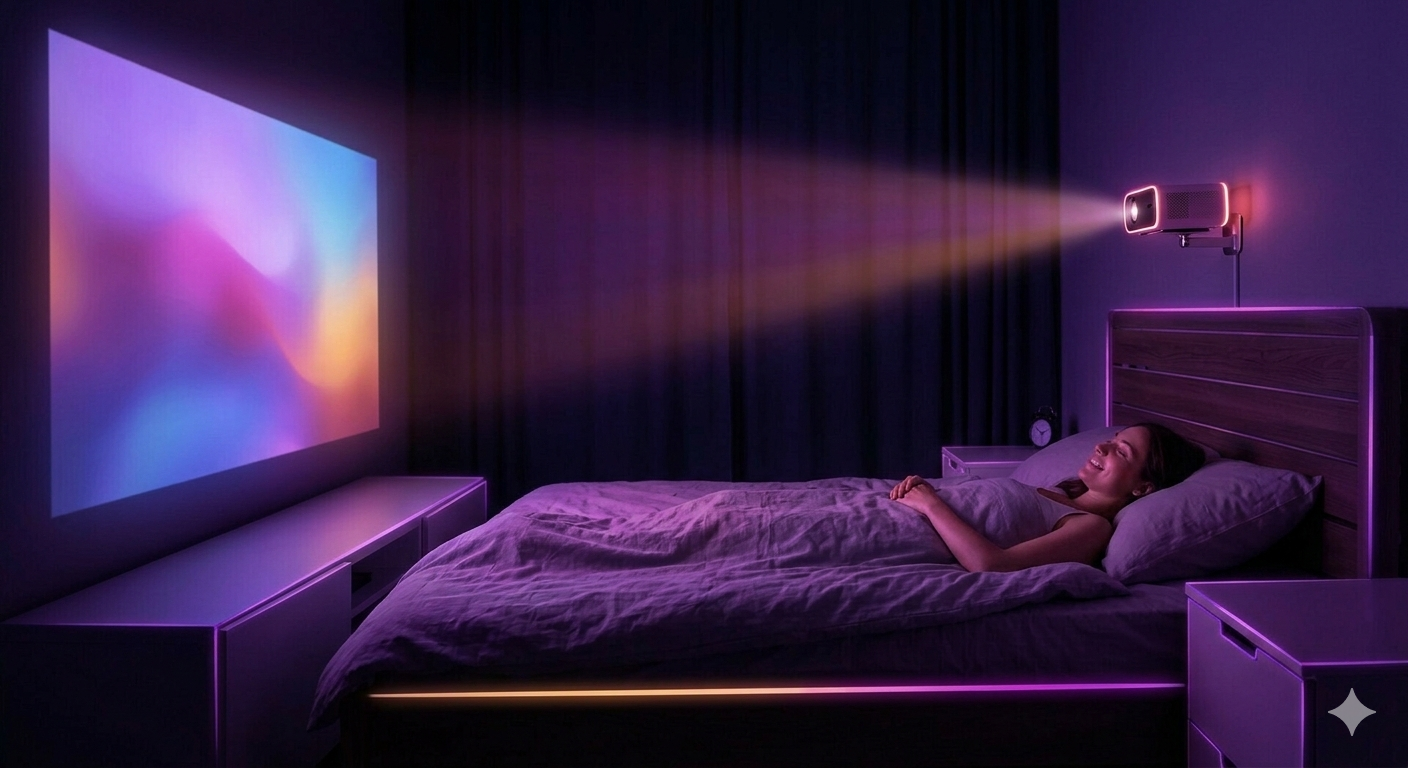 Mysigt modernt sovrum med takmonterad miniprojektor som skapar en harmonisk stjärnhimmel på väggen