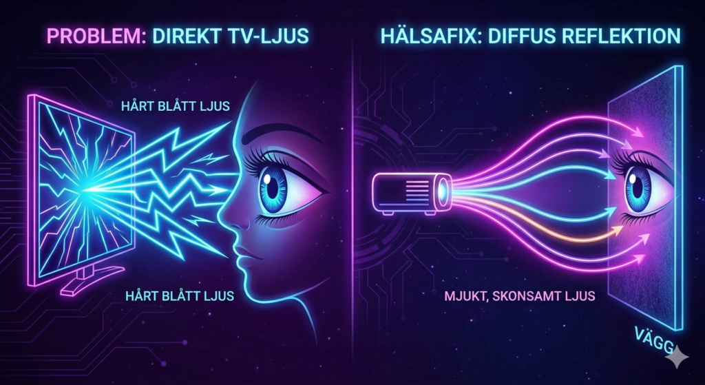 Infografik som visar skillnaden mellan direkt blått ljus från TV och diffus reflektion från projektor för ögonhälsa.