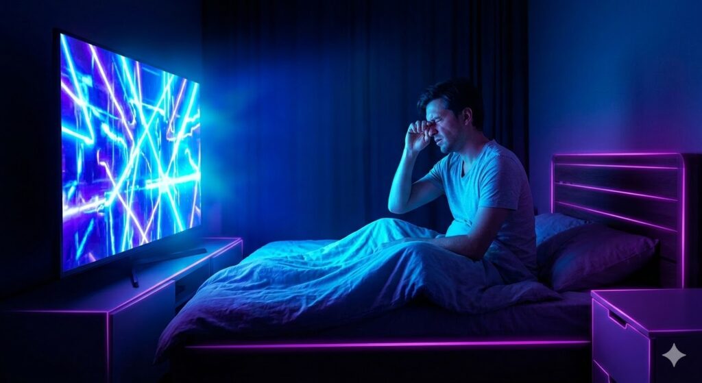 Man i mörkt sovrum med ögontrötthet från blått ljus från en TV-skärm