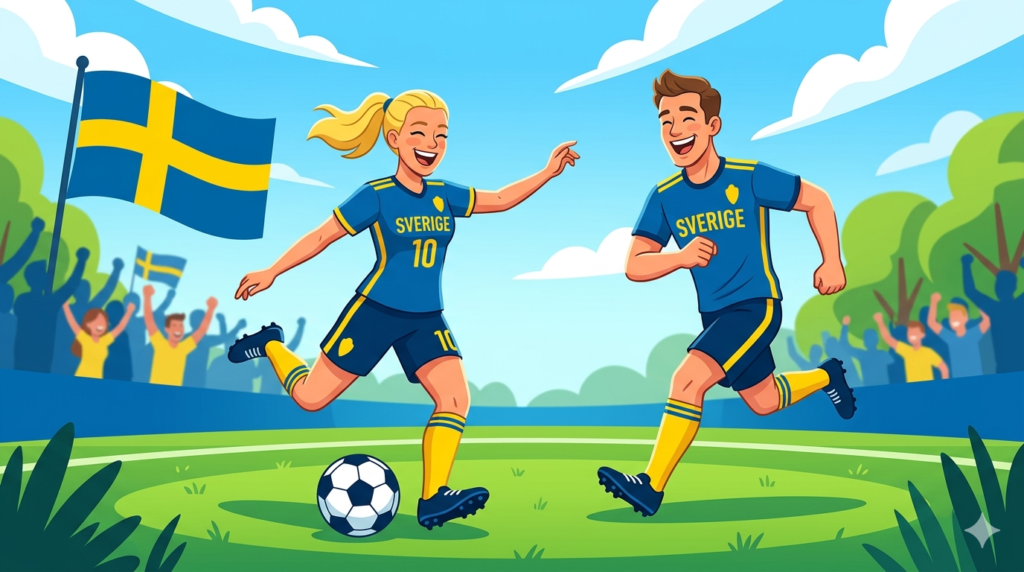 En stiliserad illustration av en glad svensk kvinna och man i sportkläder som spelar fotboll på en solig plan med den svenska flaggan i bakgrunden.