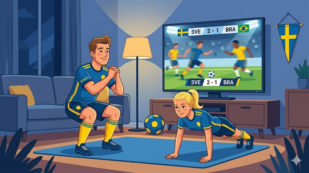 Professionell illustration av en person som gör squats och armhävningar i ett vardagsrum framför en TV som visar en fotbollsmatch.