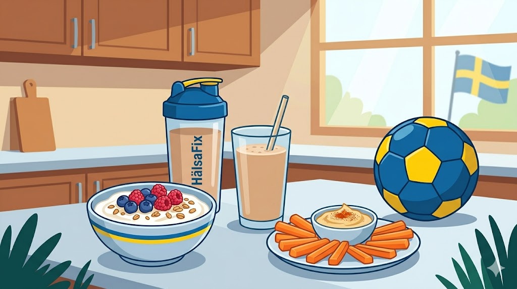 En grafisk illustration av hälsosamma VM-snacks inklusive proteinshake, bärig yoghurt och morotsstavar med hummus bredvid en fotboll.